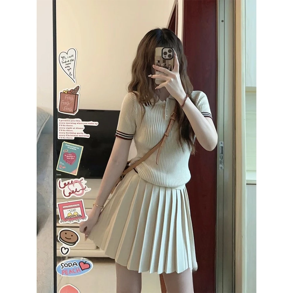 夏季韩系chic短袖针织polo衫上衣短款百褶半身裙小个子学院风套装