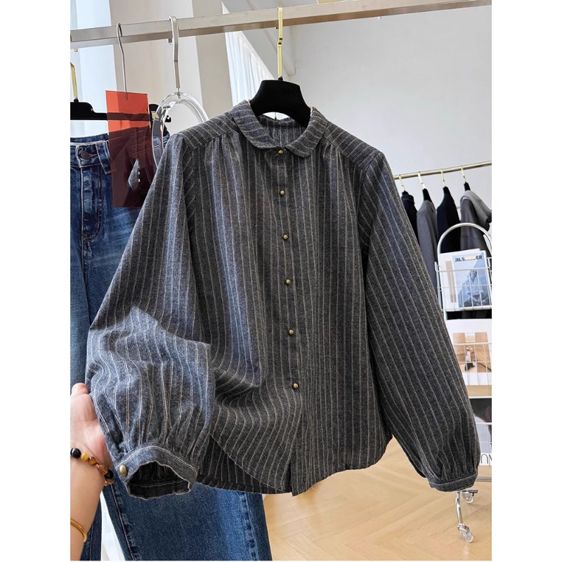 胖妹妹春秋季新款复古条纹小翻领大码衬衫女装高级感百搭宽松显瘦