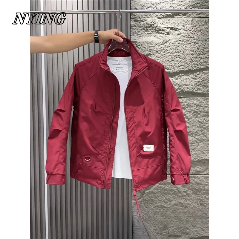 NYING秋季2025新款修身时尚百搭酒红色外套休闲短款男士立领夹克