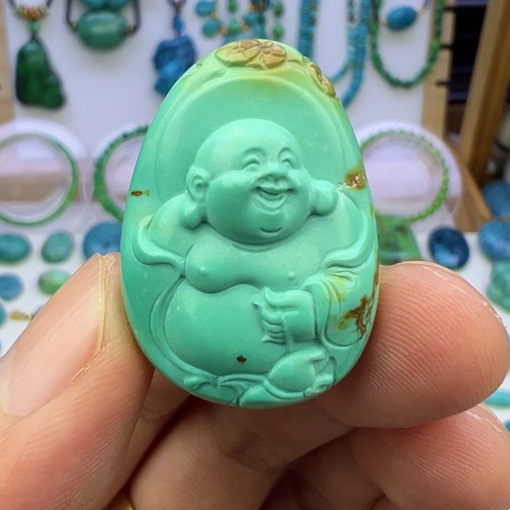 云盖高瓷蓝绿弥勒佛