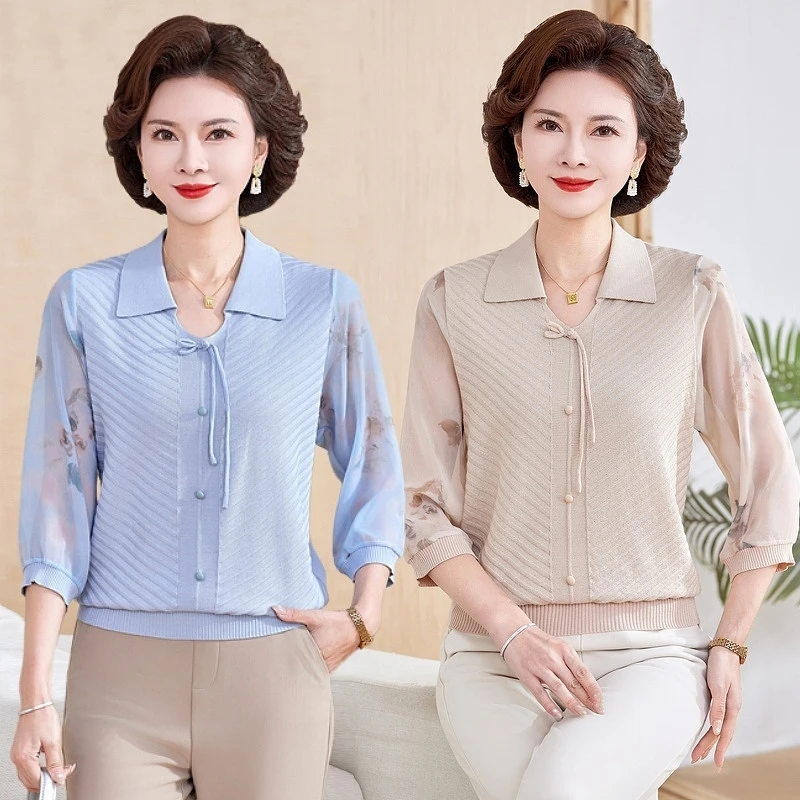 妈妈春装纱袖T恤衫薄款洋气针织小衫中老年女装春秋七分袖衫套装