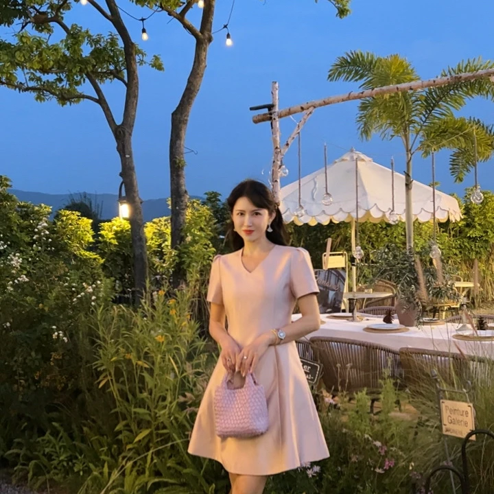 【奶油甜心】2598   安妮老板 法式名媛收腰气质短袖A字连衣裙