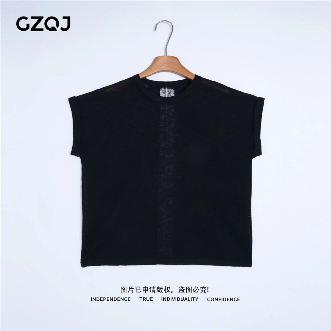 广州琴姐【幽玄蕾影】洋气小心机宽松蕾丝微透针织衫短袖上衣女3287