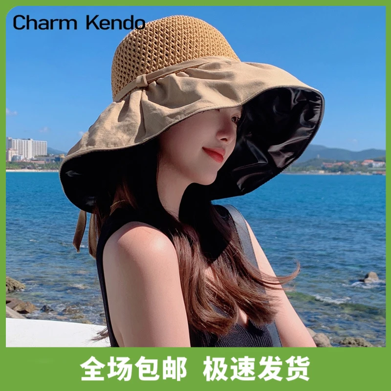 Charm Kendo防晒帽子女2025款百搭遮阳防紫外线渔夫帽黑胶太阳帽