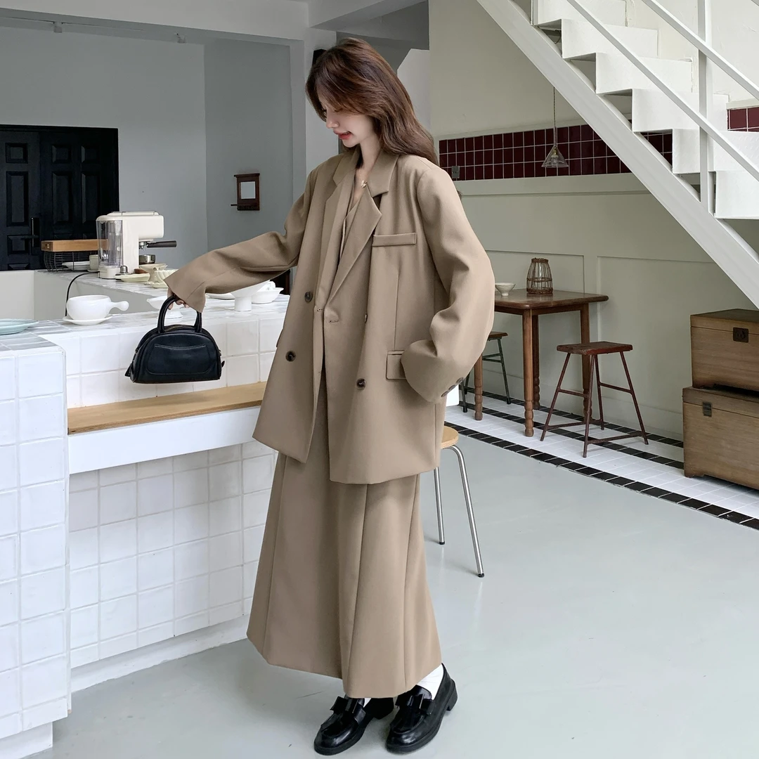 套装气质网红时尚休闲宽松韩版春秋显瘦小个子百搭毛呢中长款ins