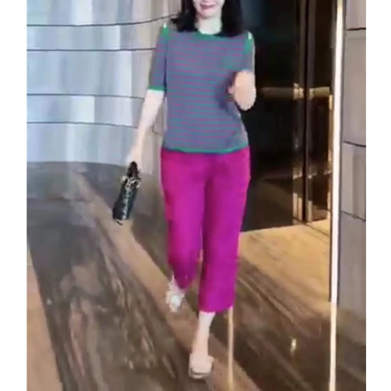 新款彩色条纹漏肩T恤两件套休闲套装休闲裤时尚减龄03洋气