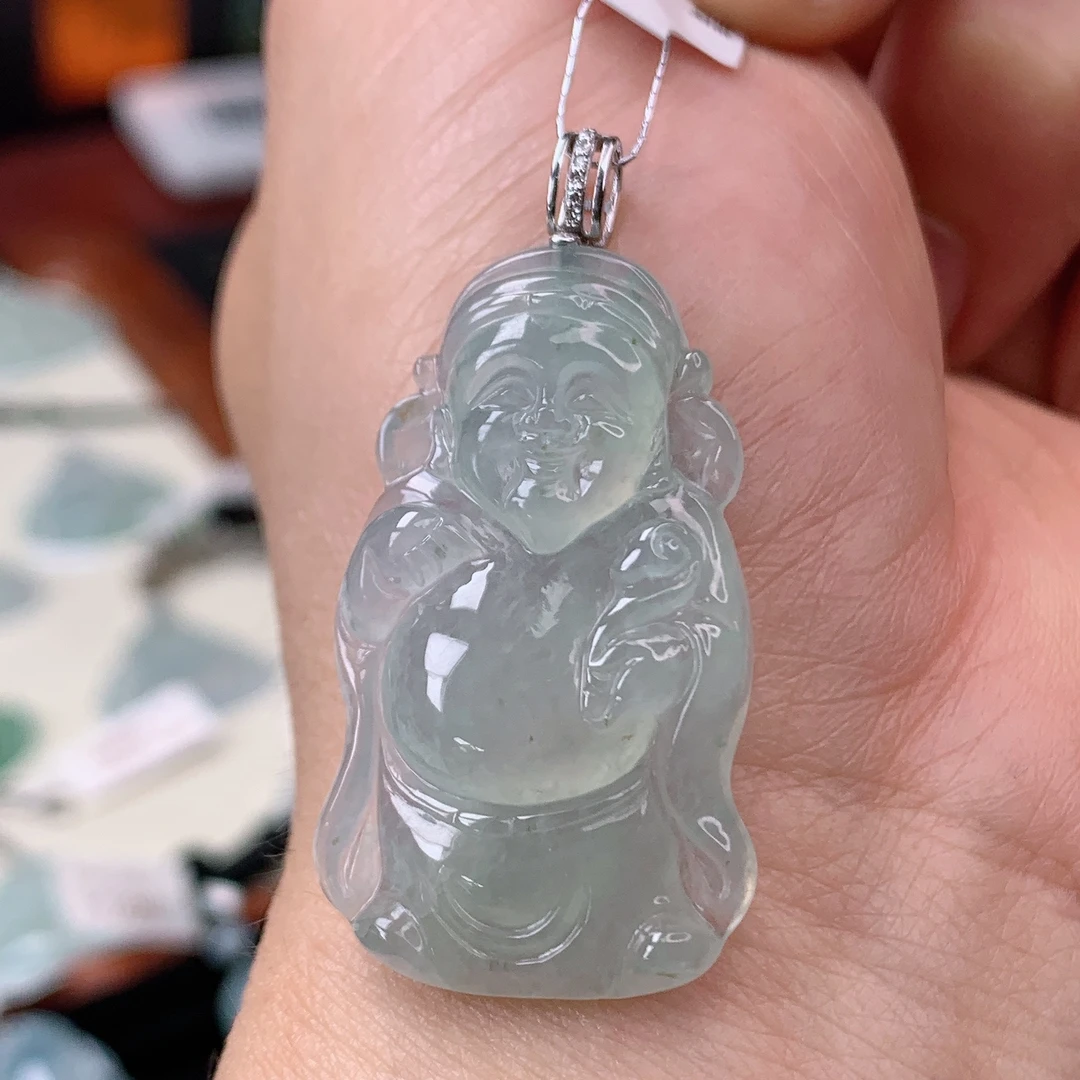 缅甸天然A货翡翠冰种财神爷吊坠37.4×22.2×5.7mm