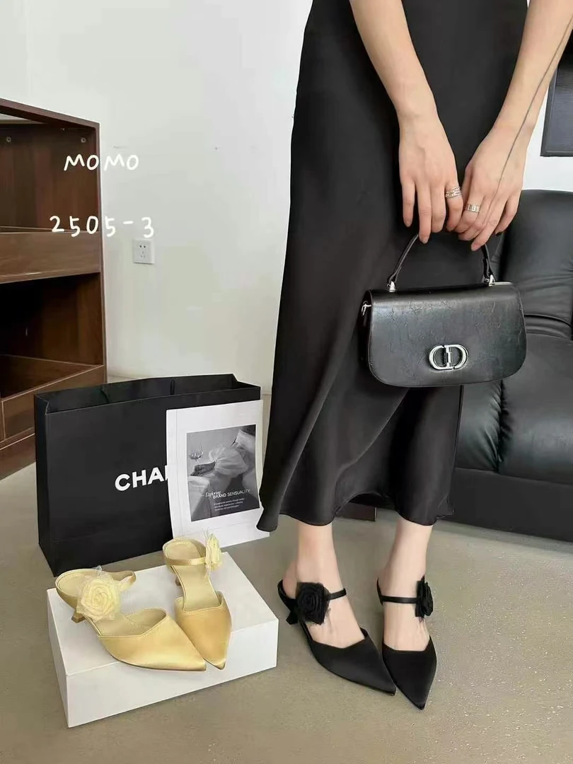 新中式玫瑰花包头半拖鞋女外穿温柔缎面配裙子细跟高跟鞋2505-3