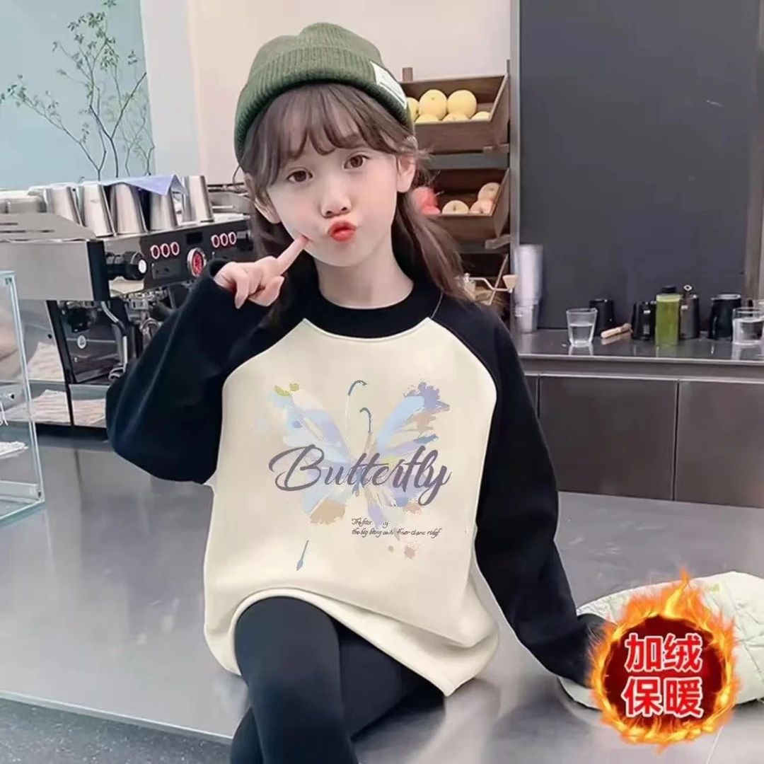 秋冬新款韩版女童上衣圆领卫衣潮流洋气卡通中大童插肩宽松加绒