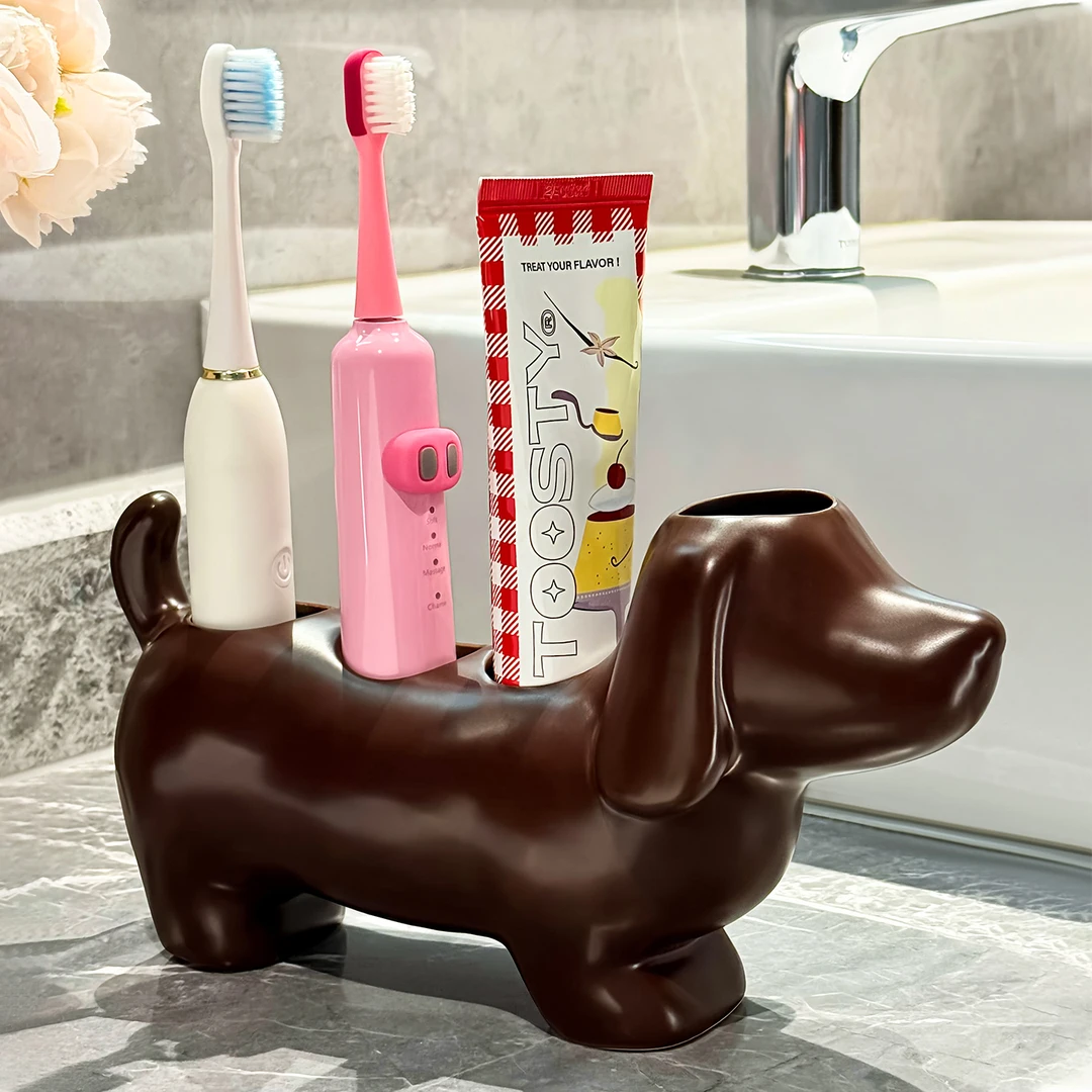 腊肠狗电动牙刷置物架陶瓷新款卫生间台面牙膏牙具收纳架牙刷底座