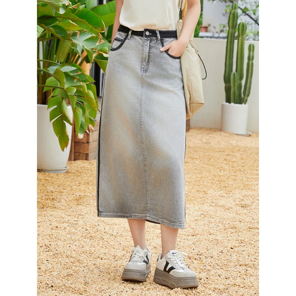 朵以2025夏新款复古做旧高腰牛仔半身裙女时尚撞色直筒开叉中长裙