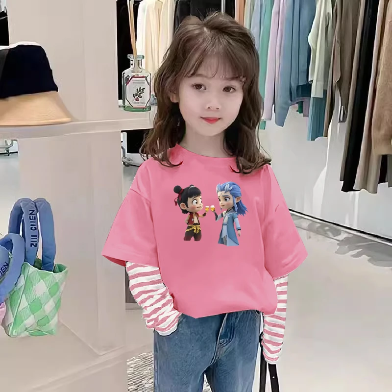 纯棉新款哪吒衣服同款男童女童春秋季假两件长袖条纹t恤打底上衣