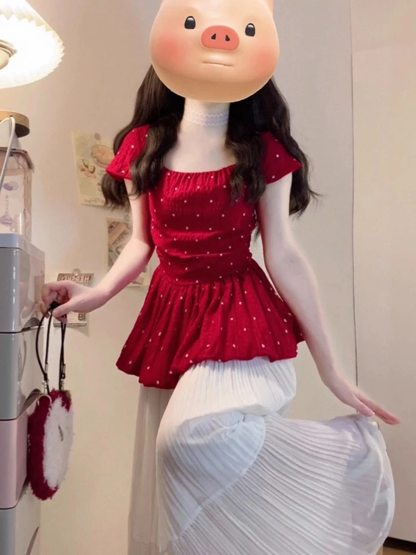 2025夏季新款韩系穿搭甜美风红色波点上衣高腰半身裙显瘦两件套女