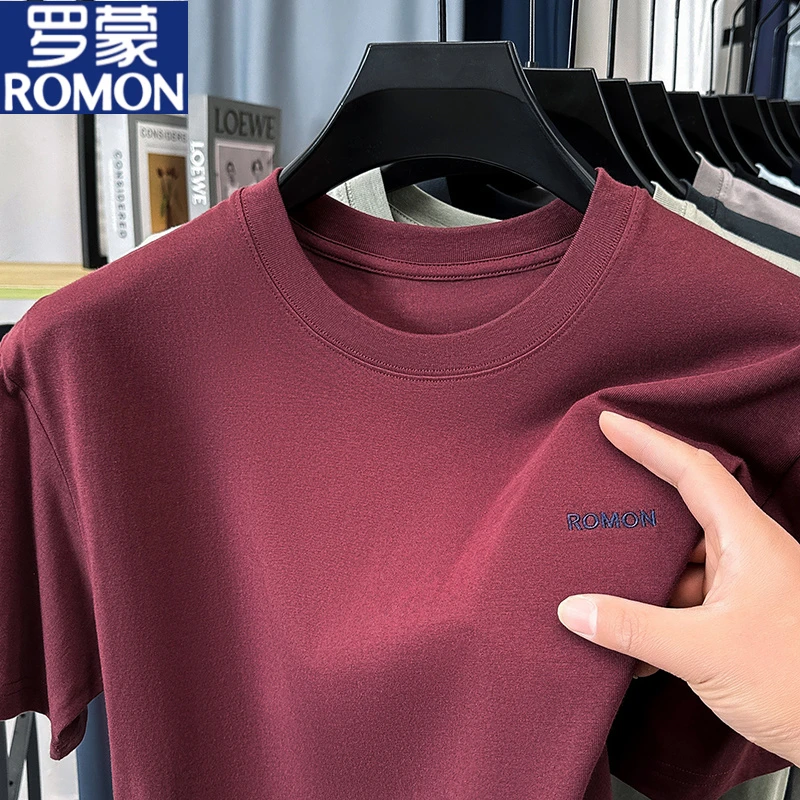 罗蒙纯棉短袖男T恤夏季新款时尚百搭纯色刺绣简约男士潮流T恤衫