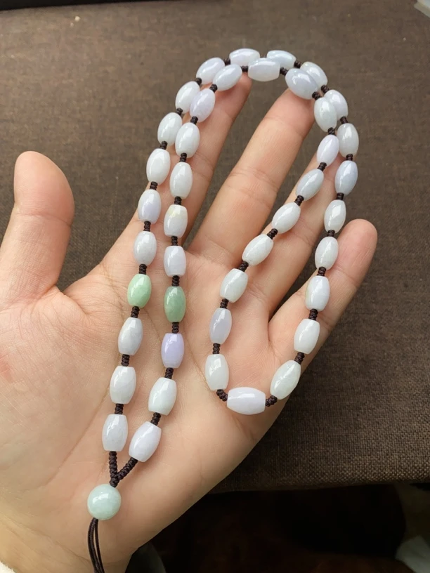 粉丝福利～天然缅甸翡翠A货大米珠7x12mm紫罗兰苹果绿玉石项链百搭