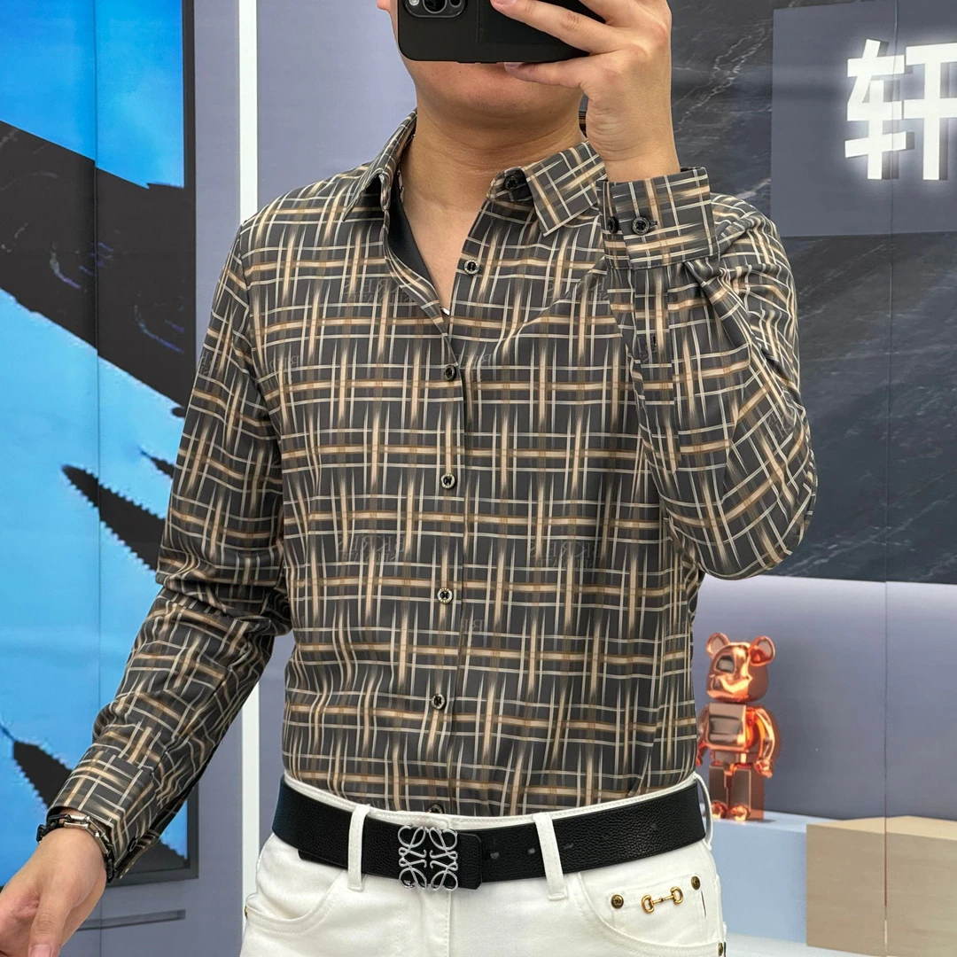 新款春秋季新款高品质弹力无痕时尚潮流休闲格纹印花衬衫长袖衬衣