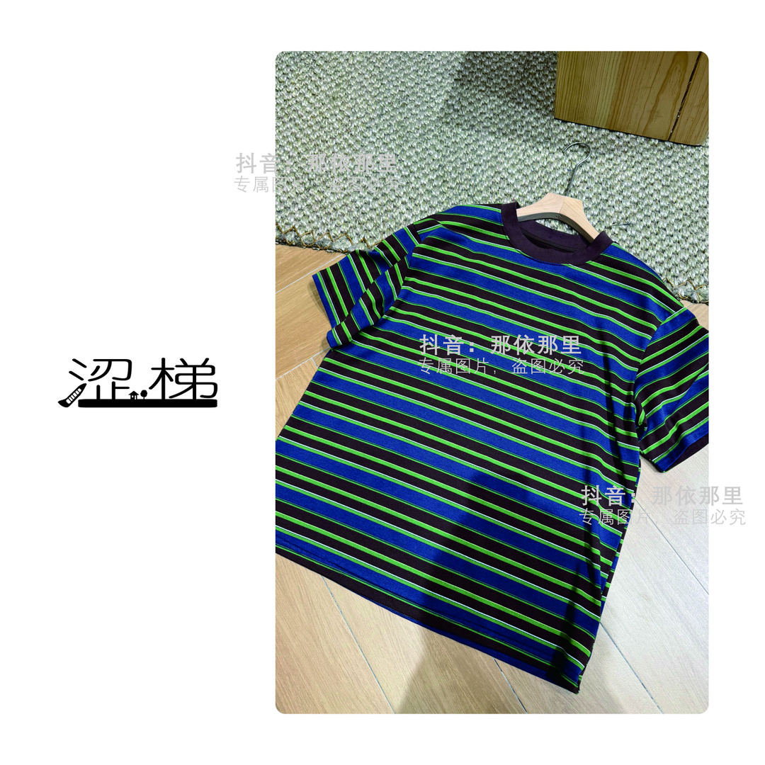 涩梯2598【女装-条纹短袖】时尚彩色条纹撞色休闲圆领短袖T恤