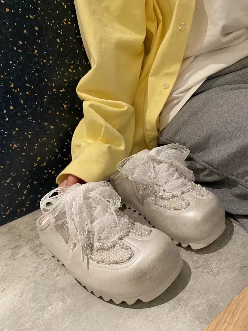 2025春季新款真皮珍珠德训鞋女平底休闲运动板鞋百搭小白鞋包头拖