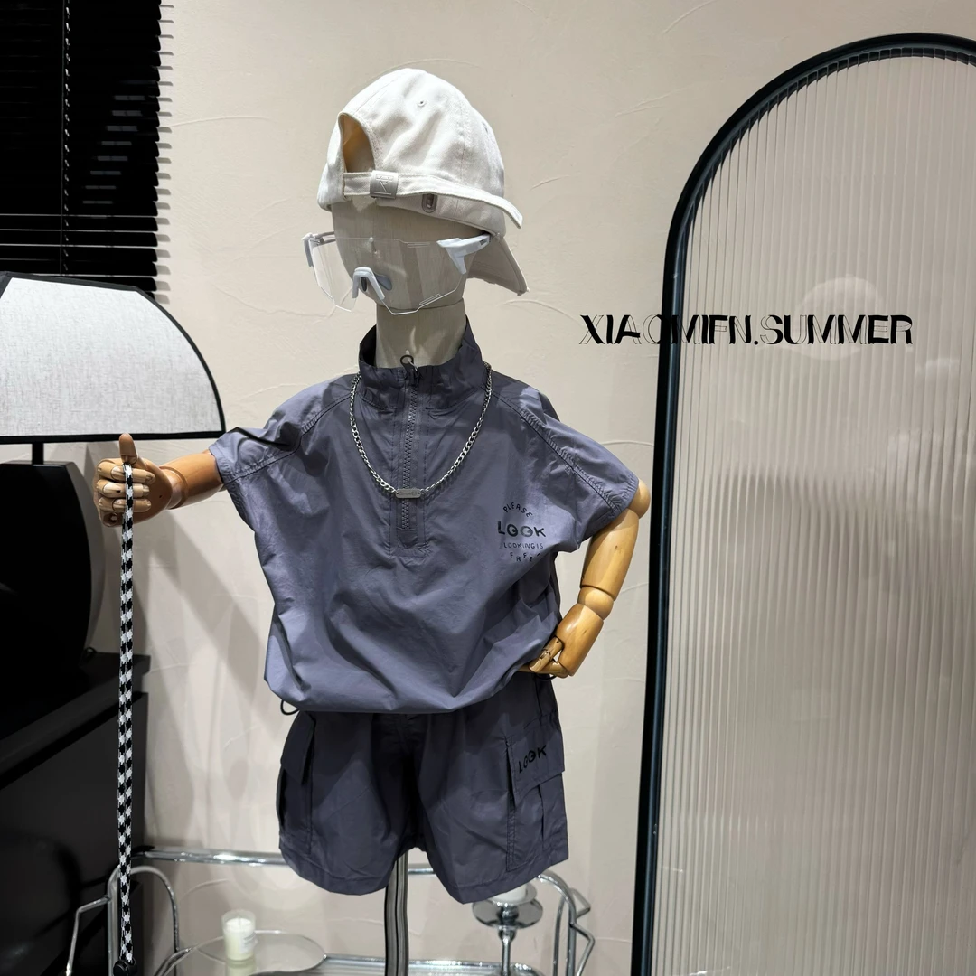 【实体品牌】2025夏款套装防晒短袖T恤短裤韩版男儿童洋气潮酷9160