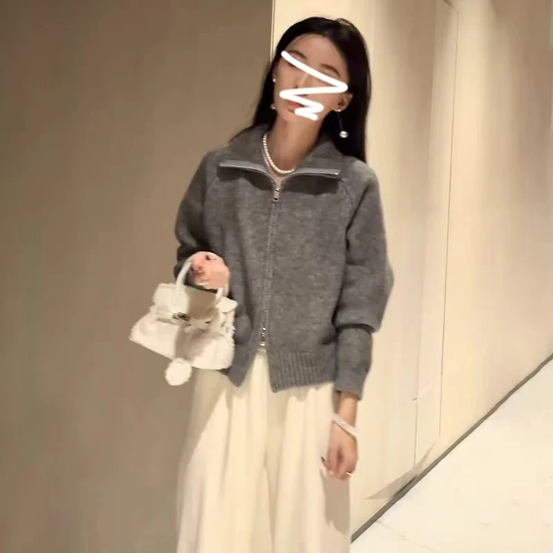 韩系简约高领拉链毛衣开衫女秋冬新款慵懒风宽松短款针织外套