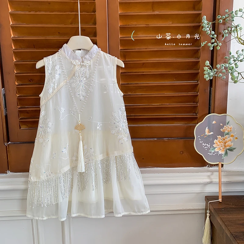 2025夏“观上月白”女童国风亮片刺绣拼接网纱连衣裙A2736