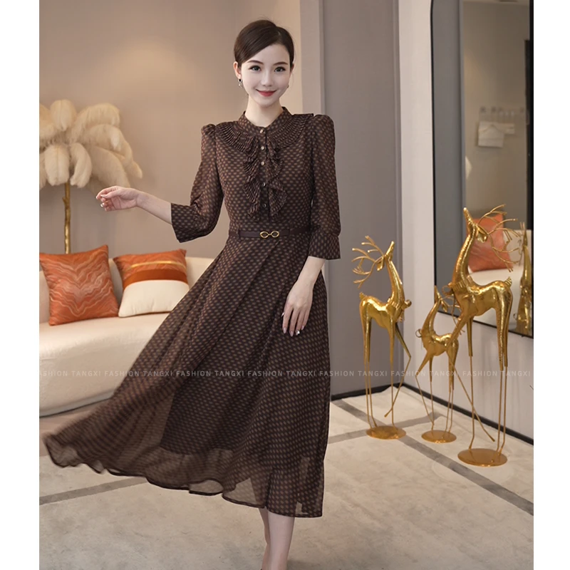 2025年夏季新款【QQ-1072】美拉德荷叶边圆领飘逸女棕咖色连衣裙子