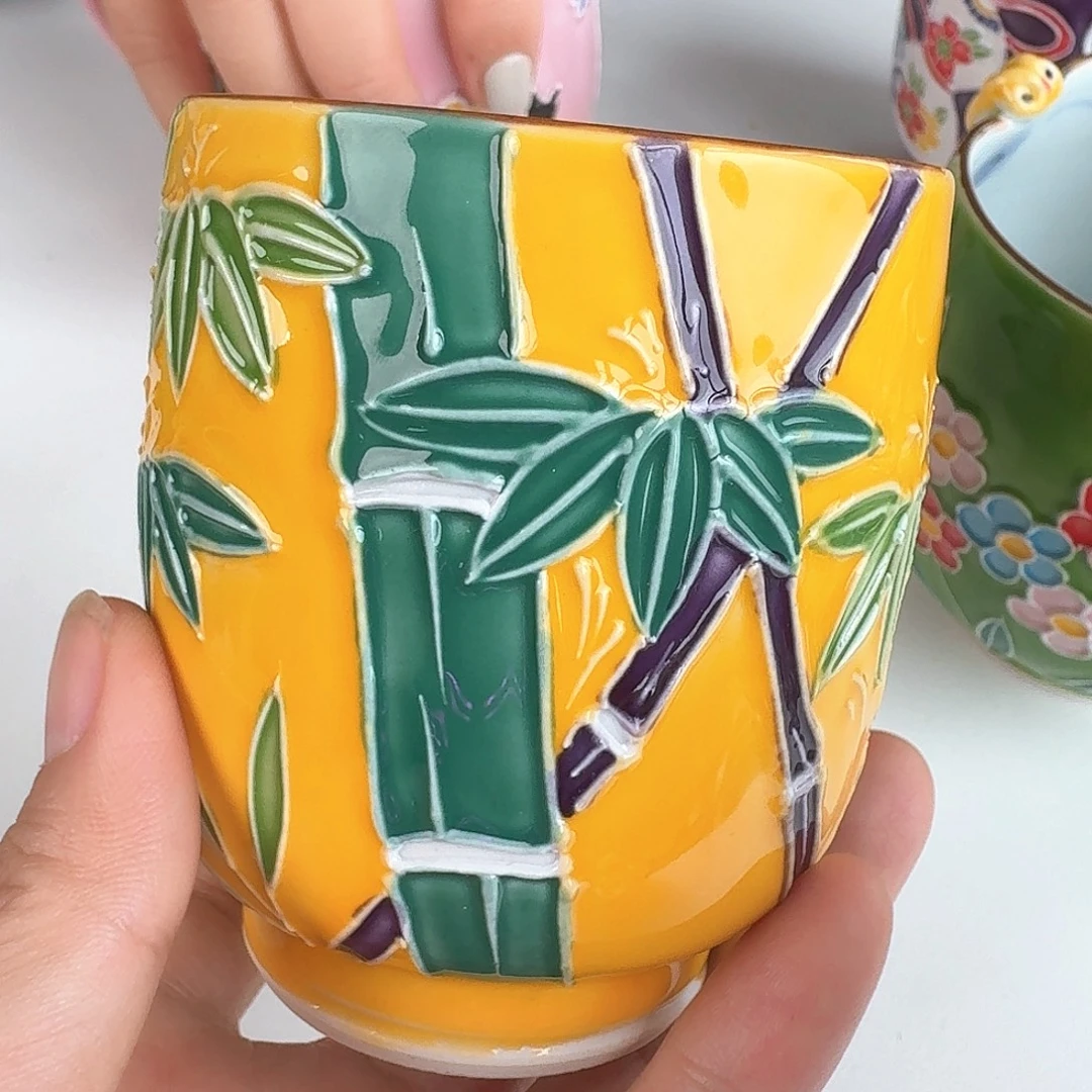 瓷片清水烧交趾釉竹子手握杯