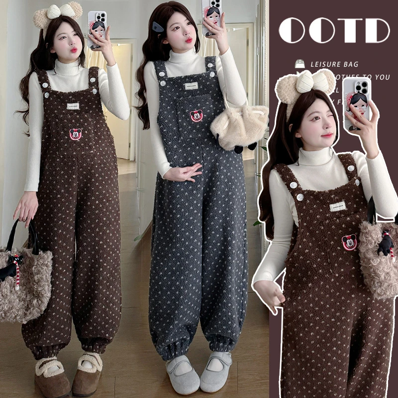 羊羔毛加绒加厚孕妇背带裤卡通时尚孕妇装秋冬装套装束脚连体裤子