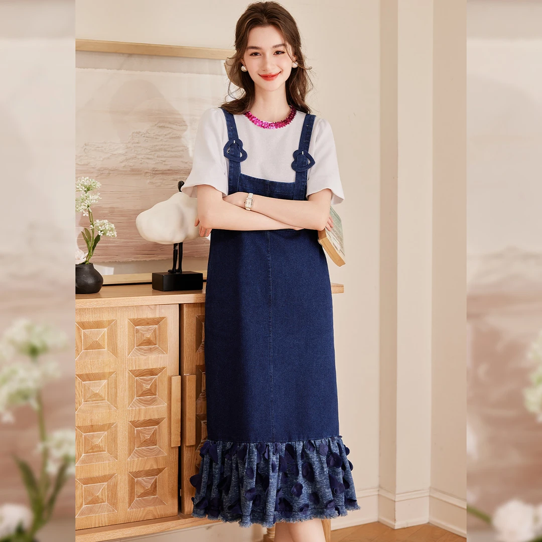 【芋总专属】&白鹿语时尚拼接背带裙牛仔裙女裙子BY20390