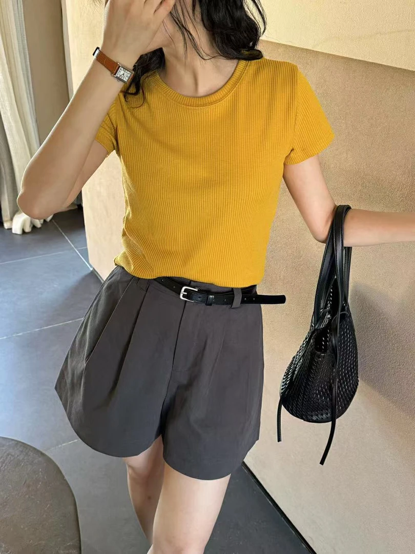 kittin@3706 韩系简约百搭修身正肩罗纹短袖T恤 6-13