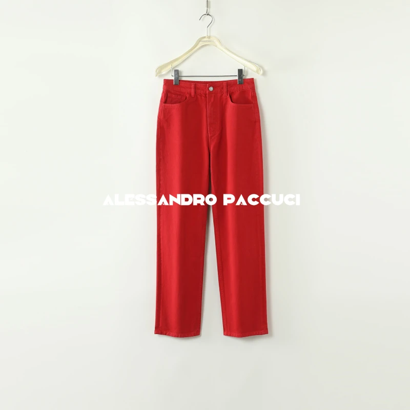 【孤品特价不退换】洛哥43184KC【风情】棉洗水红色直筒复古牛仔长裤