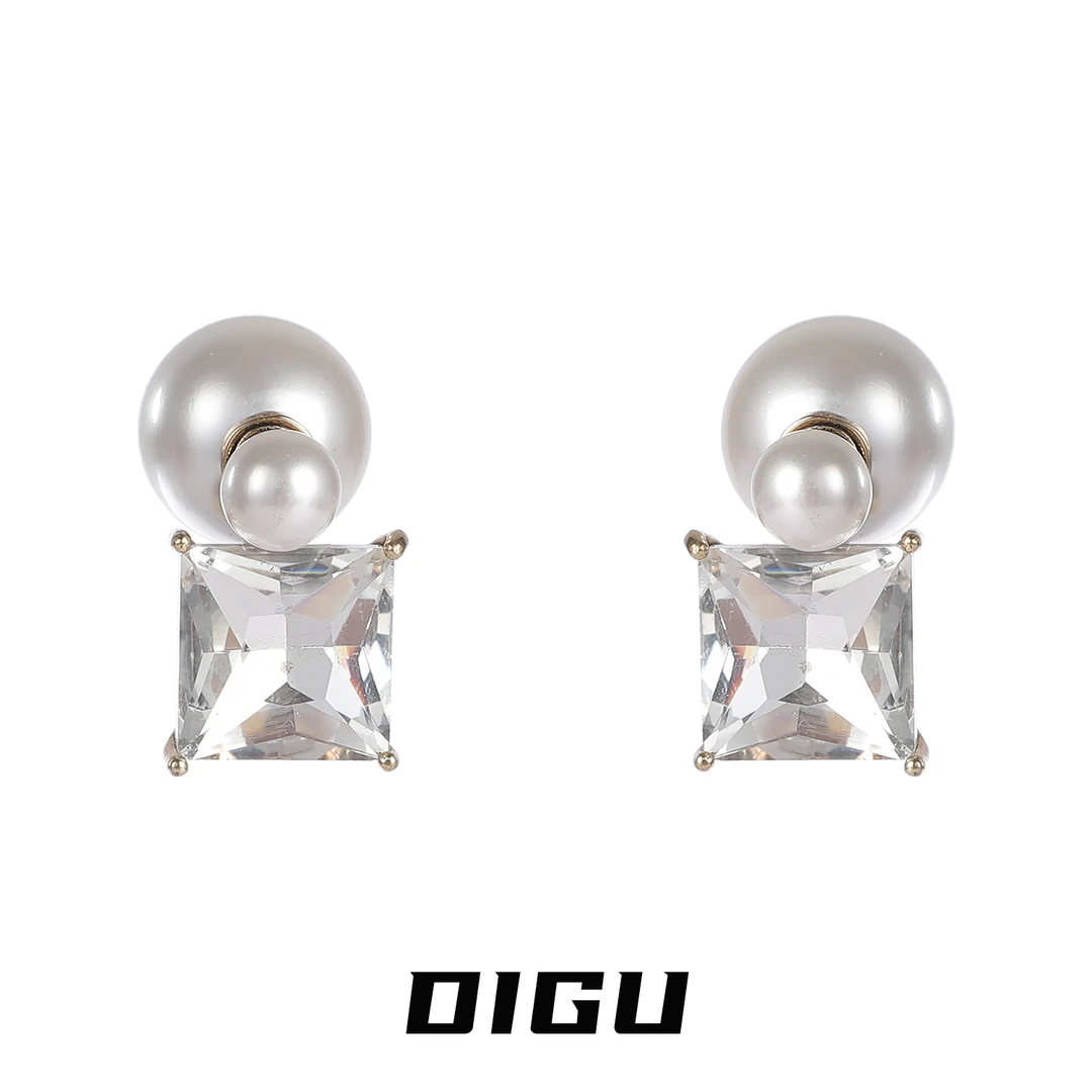 嘀咕家 铜合金仿珍珠耳饰 复古方钻吊坠珍珠耳环多种戴法耳钉耳饰