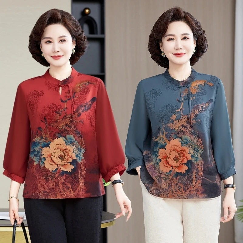 【买上衣送裤子】夏装立领流苏25年新款立体印花时尚小衫妈妈装女装