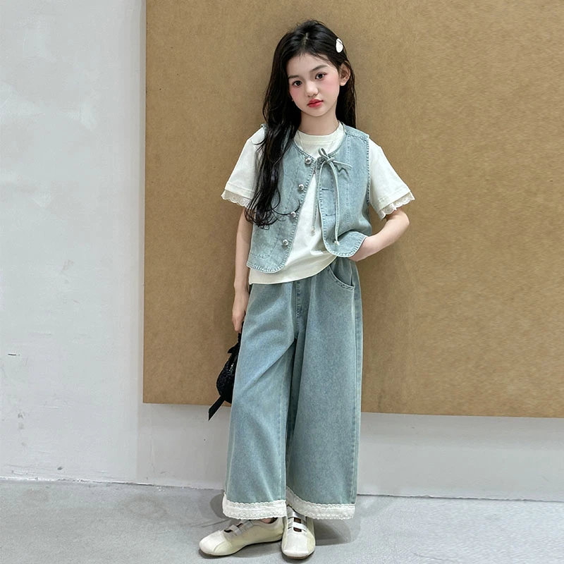 女大童牛仔马甲套装2025夏季新款女孩洋气时髦花边阔腿裤三件套潮