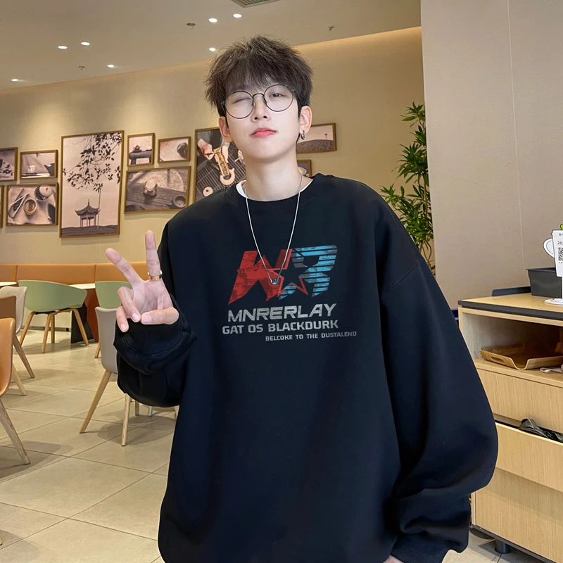 ！ 圆领宽松卫衣男装春秋大码休闲港风潮流长袖T恤外套男WY227-特