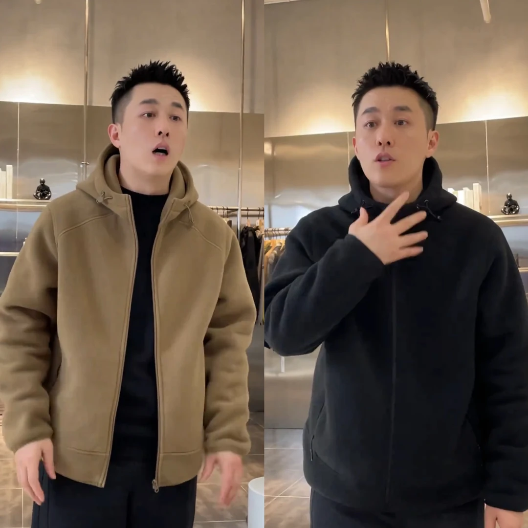 秋冬新款双面摇粒绒连帽上衣男士简约纯色百搭保暖情侣款夹克