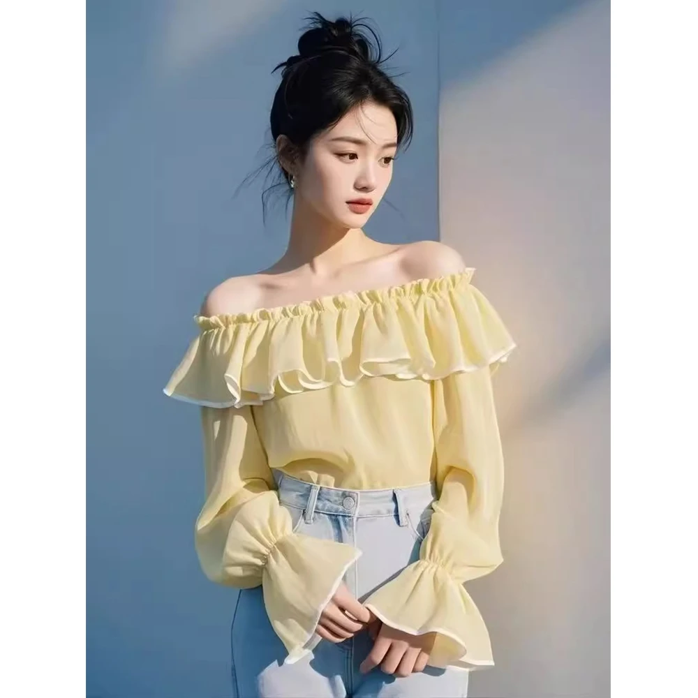 黄色高级感轻奢一字肩喇叭袖衬衫女春秋设计感洋气减龄超好看上衣