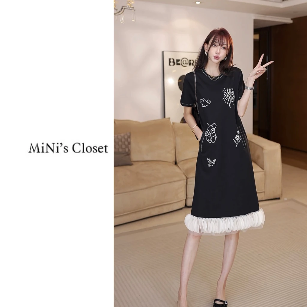 【晚风予星】夏季新款重工刺绣烟花短袖连衣裙显瘦气质中长裙JE1169