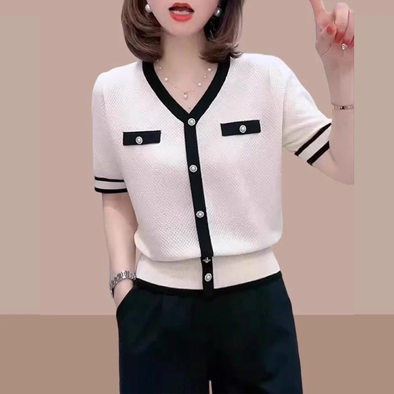 香朵儿设计感休闲小众上衣女2025年夏季新款v领宽松拼色针织衫女