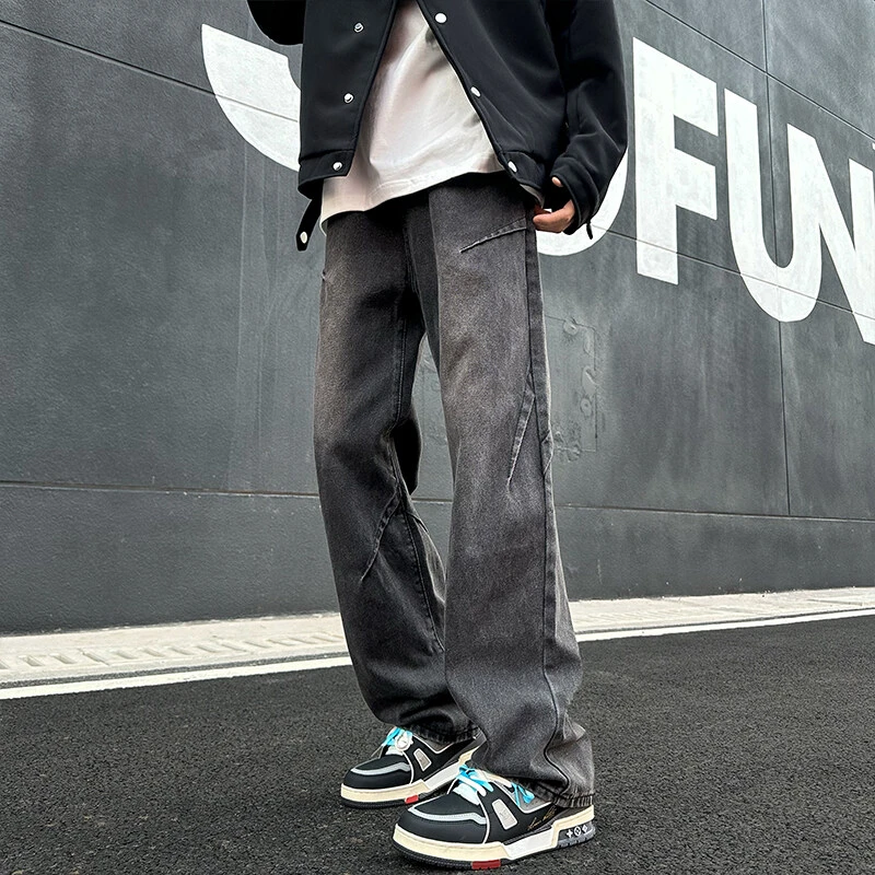 笙巡牛仔裤男秋冬季新款大码美式水洗拼接直筒休闲宽松长裤子