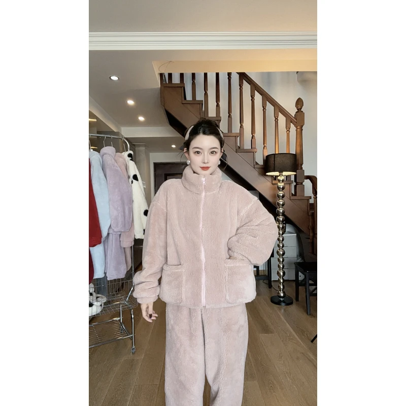 加厚睡衣女款保暖上衣松紧带立领家居服冬季长袖时尚