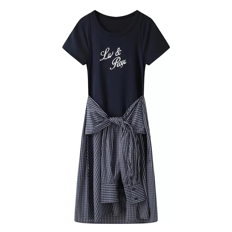 【H058】拼接格纹连衣裙2025夏新款