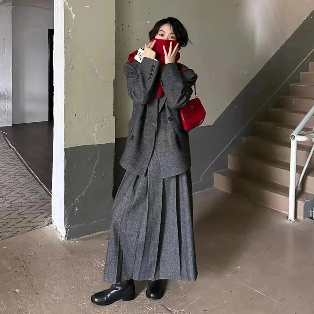 高级感时尚毛呢西装套装女秋冬装2025新款简约学院风外套半身长裙