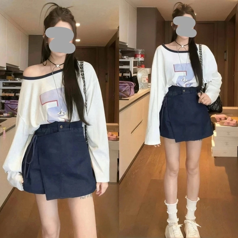 洋气衣服女2025夏季韩版时尚露肩长袖防晒T显瘦百搭牛仔短裙套装