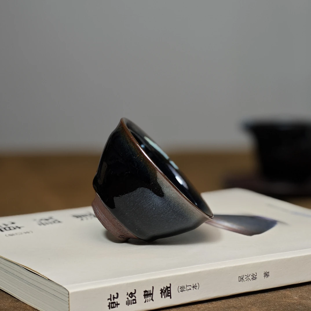 吴兴乾柴烧建盏主人杯手作高端陶瓷杯送礼茶盏青蓝毫束口盏76185