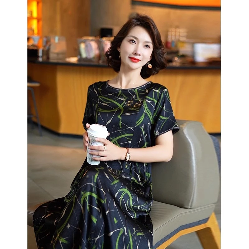 2025夏季时尚浪漫大牌杭州真丝连衣裙女气质妈妈桑蚕丝裙子