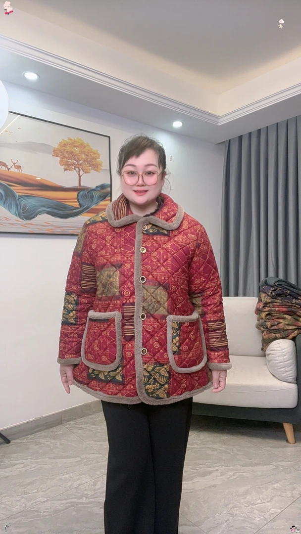 翻领撞色大口袋加大码妈妈装保暖棉服棉衣