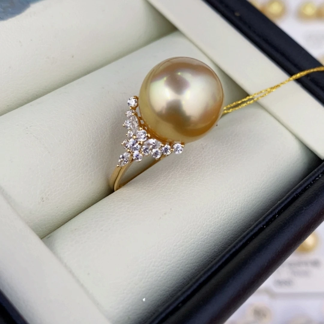 戒圈18K金镶嵌海水珍珠12-13mm南洋金珠戒指成品