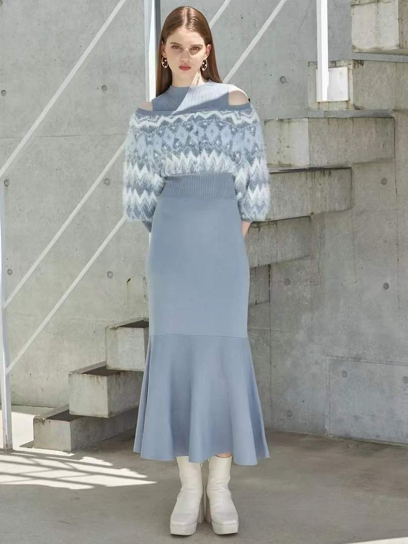 独+ MER家北欧提花费尔岛拼接摩天轮针织连衣裙露肩