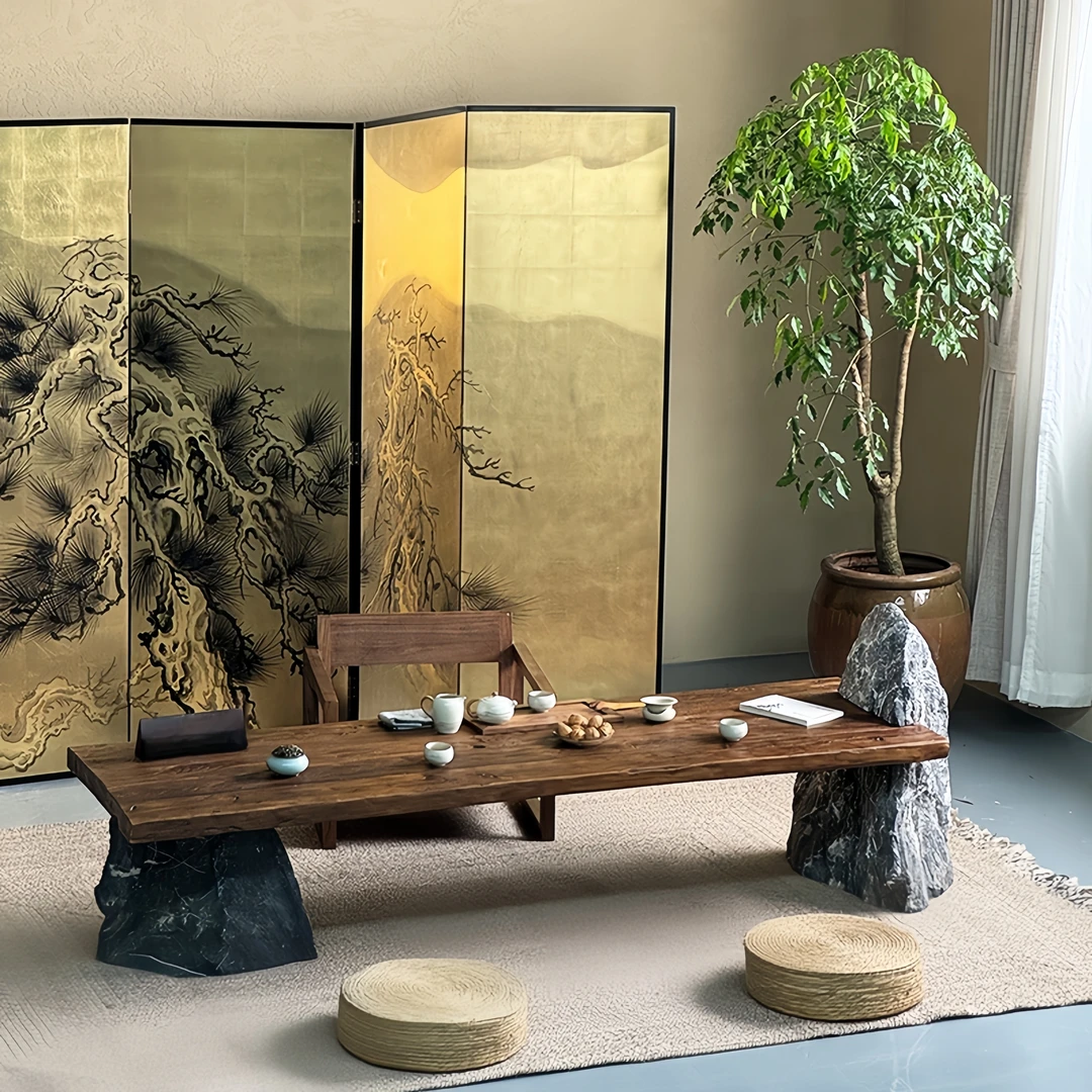 原木大板茶桌茶台风化老木民宿餐桌设计师石头石木茶室泡茶桌